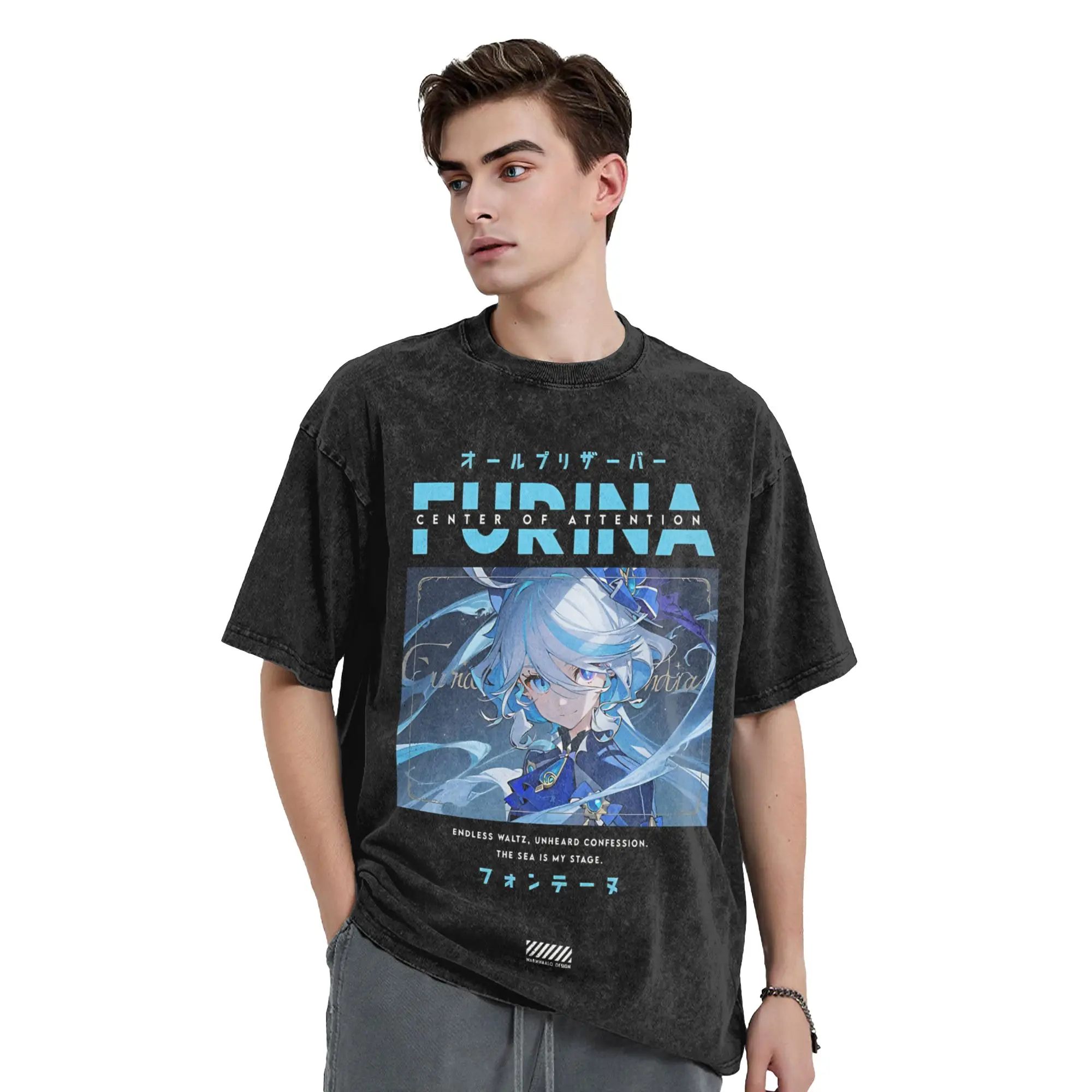 Washed T Shirt Furina Genshin Impact Game Hip Hop Vintage T-Shirts 100% Cotton Graphic Printed Tops Tops Tees Men Women