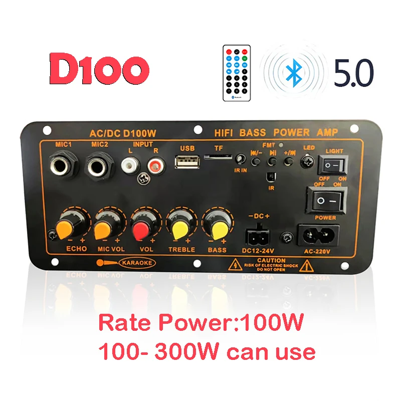 D10 d20 d 100 220v 12v 24v digital bluetooth 5,0 verstärker platine subwoofer dual mikrofon verstärker für 8-12 zoll lautsprecher 100w