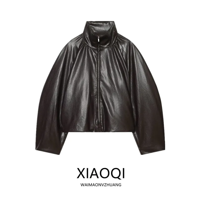 Fall 2026 Women's Long Sleeve Stand Collar Zipper Buckle Decoration Coat European Style Loose Fit Short Length Outerwear