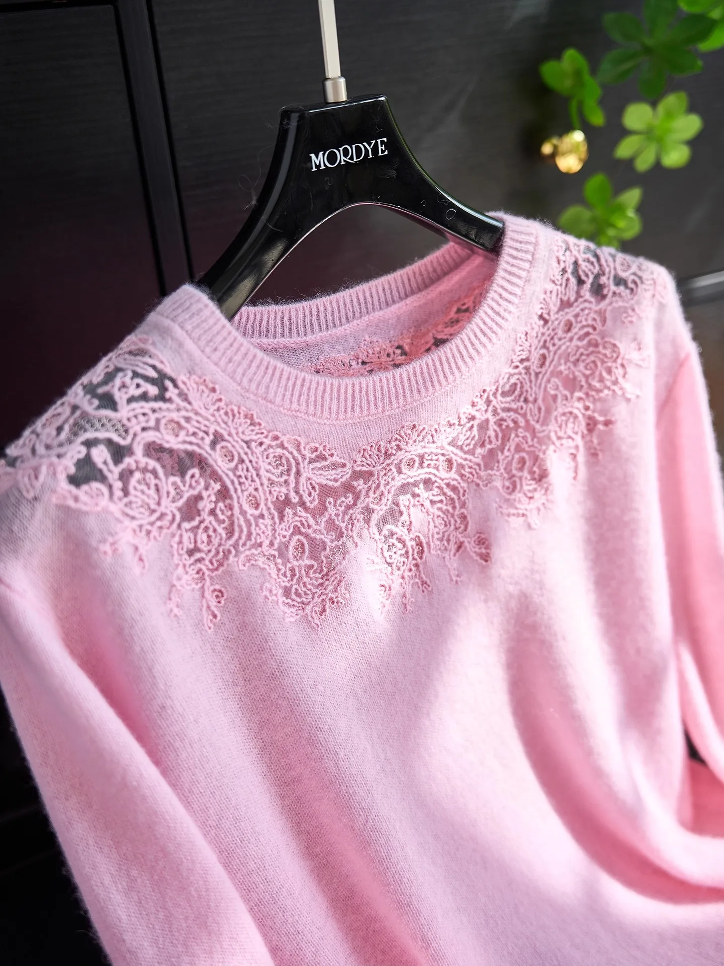 

Pink Knitted Base Layer Sweater Embroidered Lace Hollow out Heavyweight Cashmere 100 Soft Straight Cut Commute Style Long Sleeve
