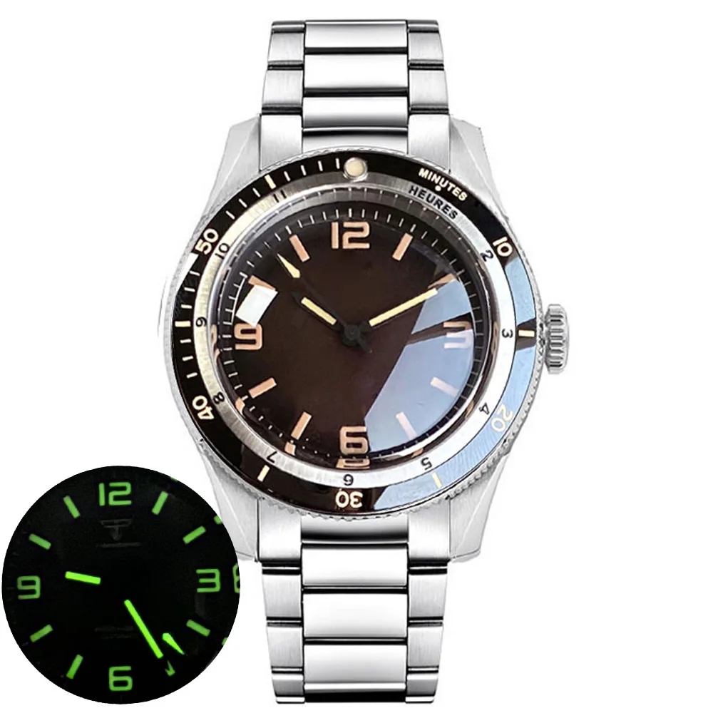 Tandorio Japan NH35A PT5000 Mechanical Mens Watch 20BAR Waterproof Sapphire Luminous Red Black Dial Stainless Steel Bracelet image 3