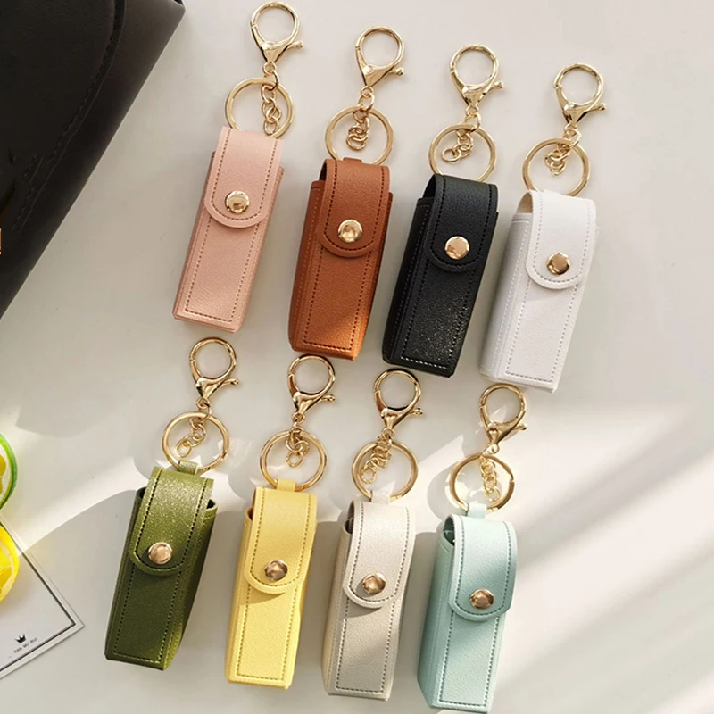 1PCS New Leather Lip Balm Bag Keychain Holder Protective Cover Mini Portable Key Bag Lipstick Cosmetics Storage Bag