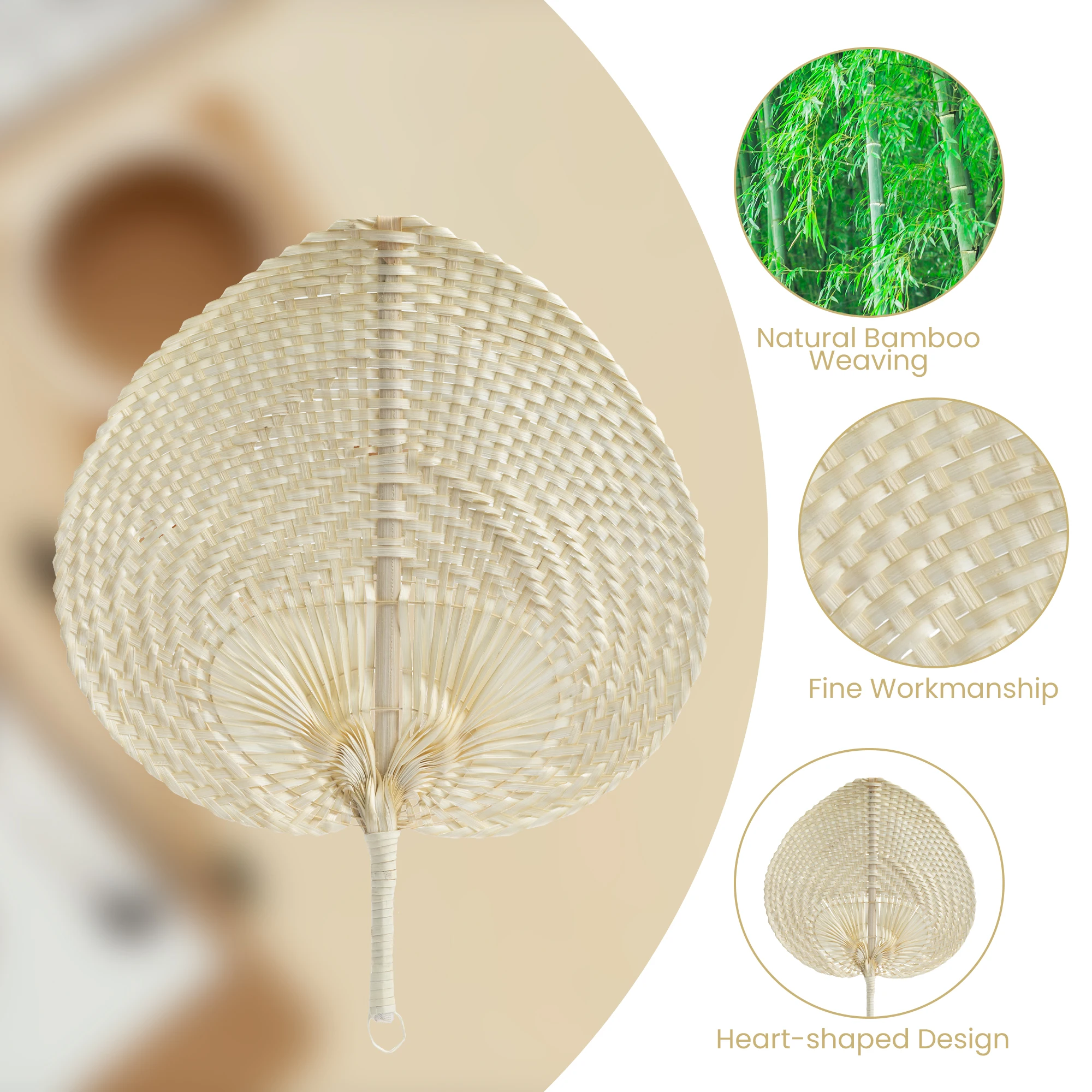 10PC Summer Cooling Fan Pure Natural Handmade Heart Shaped Bamboo Woven Fan for Home Wedding Decoration Party