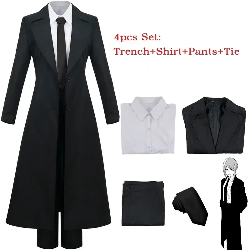 Motosserra Man Power Makima Cosplay Fato para Homens e Mulheres, Uniforme Anime, Jaqueta Longa, Terno Preto, Peruca Adulto, Halloween