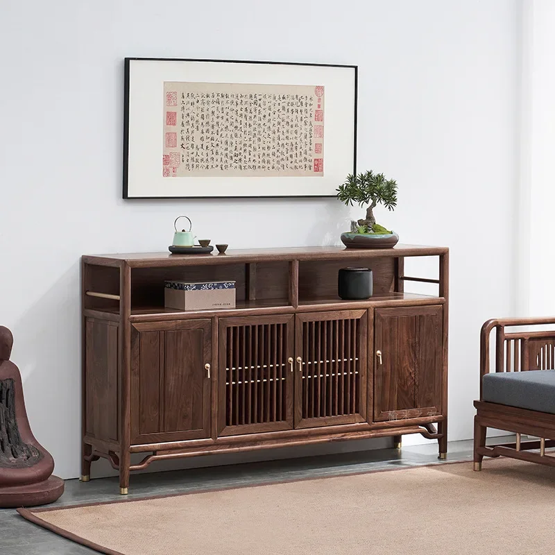 New Chinese style solid wood dining side cabinet, storage side cabinet, black walnut porch cabinet, zen tea room, storage side