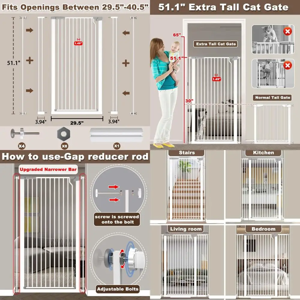 

Высоковысокие кошачьи ворота 51,18 дюйма, широкие детские ворота шириной 29,5–40,5 дюймов для лестниц без дрели, металлические автоматические закрывающие ворота для защиты детей, ворота для собак