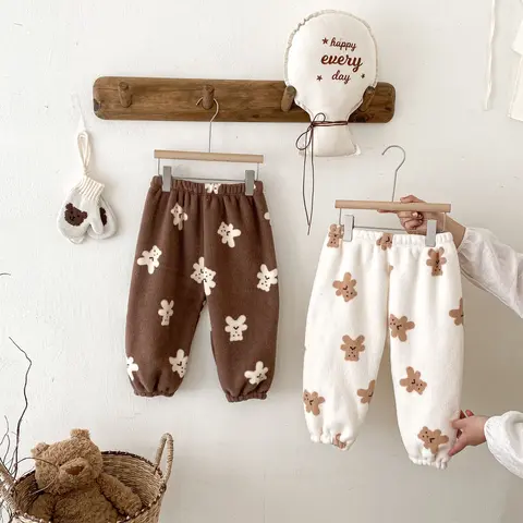Children Cute Pajamas Pants Autumn Winter Plush Pants Loose Versatile Pants Baby Boys Girls Velvet Pants Toddler Home Clothes