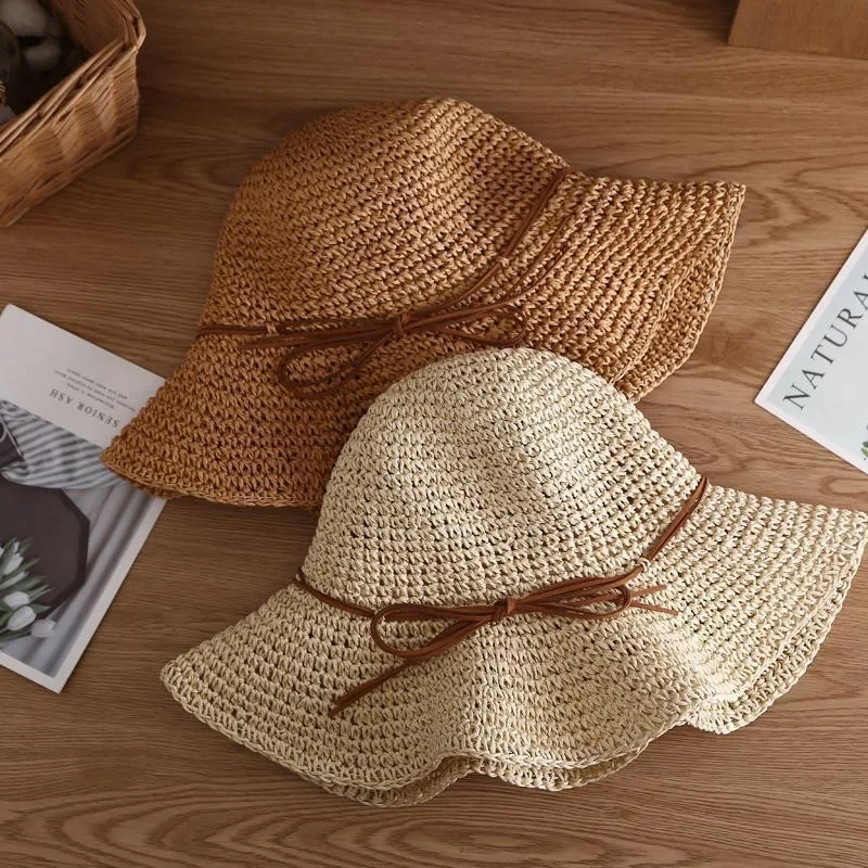 Big Straw Hat Women's Korean Foldable Bow Fresh Seaside Holiday Sunhat Hollow Breathable Straw