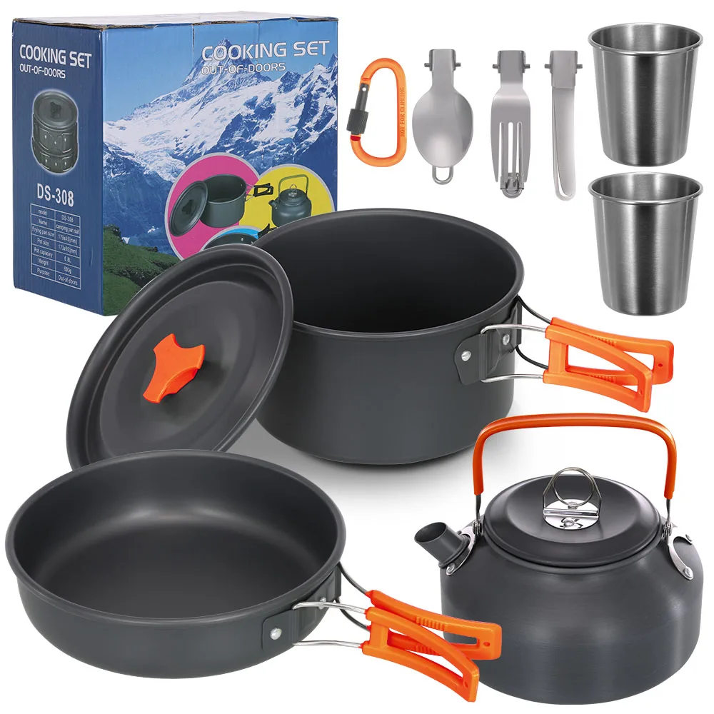 

Набор посуды для кемпинга, легкая портативная сковорода, чайник, чашки, ложка, вилка, резак для пикника, пешего туризма