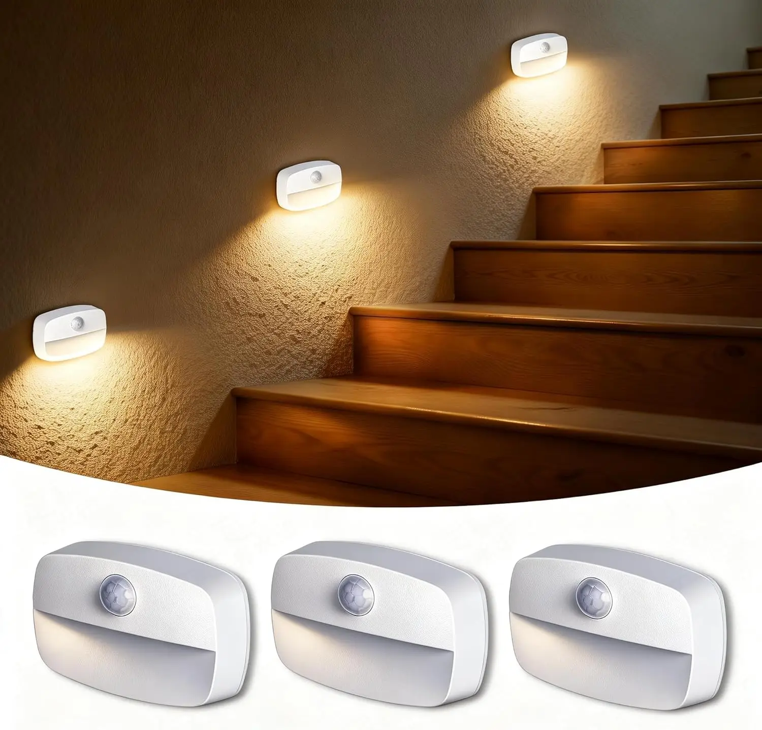 

3 шт. наклеиваемых светильников с датчиком движения для лестниц, теплый белый светодиодный ночник, светильники для лестниц, которые можно приклеить в любом месте, настенный светильник с питанием от батареек