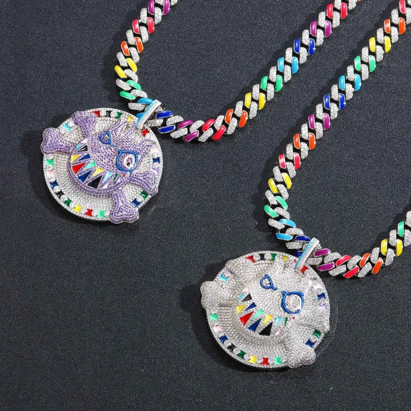 European and American cartoon expression pendant, colored zircon full of diamonds, purple grimace bone disc
