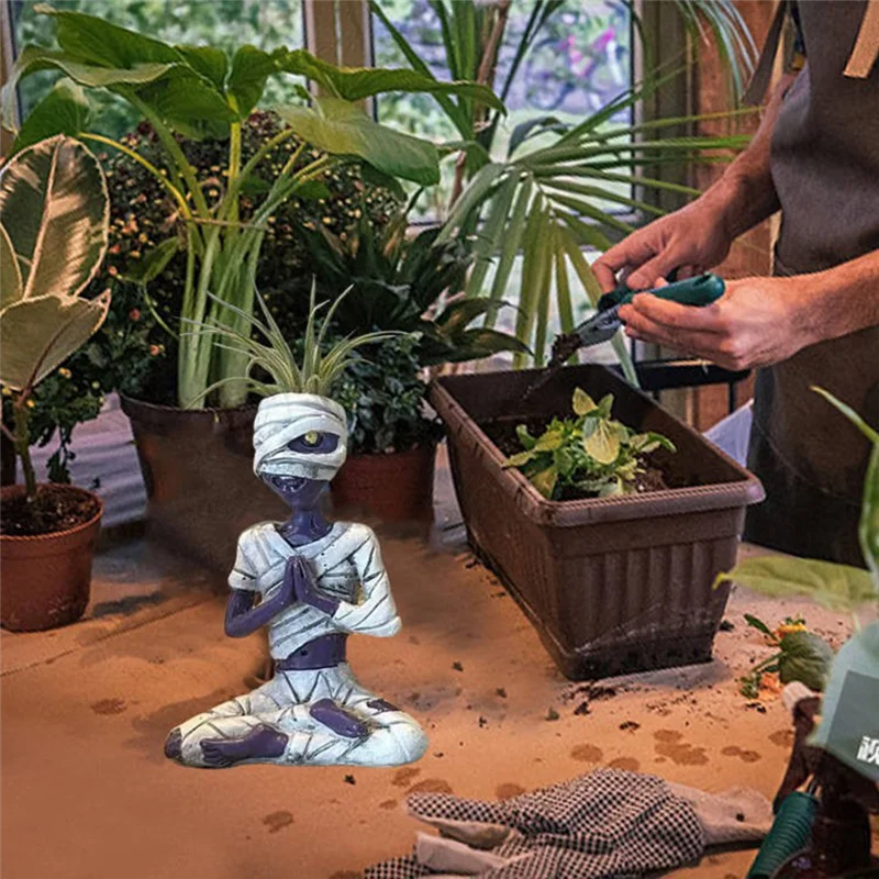 Gran venta, maceta de esqueleto meditando, maceta de plantas de calavera, escultura decorativa de maceta de jardín para Halloween