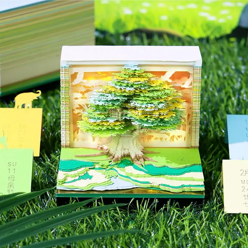 

2025 Tree House 3D Desk Calendar Cute Note with Night Light Paper Sculpture Green Tree Calendar Home Holiday Decoration