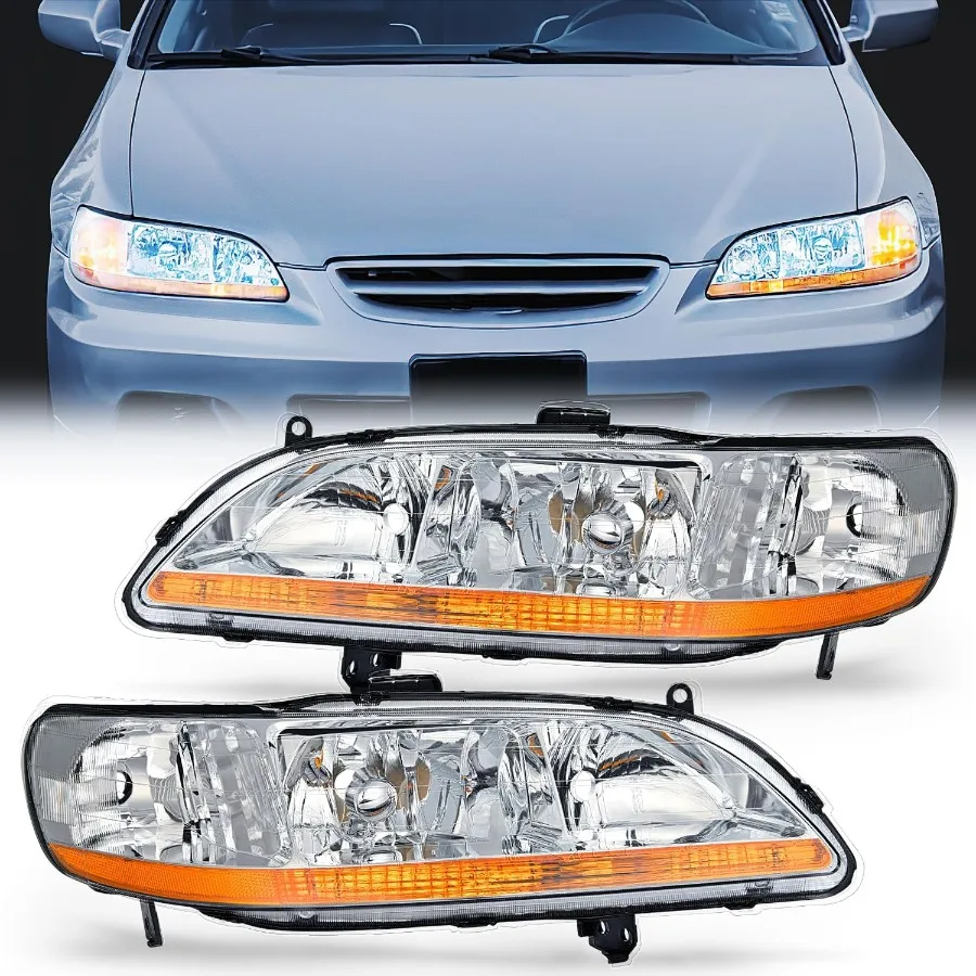 

Headlight Assembly Compatible with 1998 1999 2000 2001 2002 Honda Accord Headlamps Replacement Chrome Housing Amber Reflector U