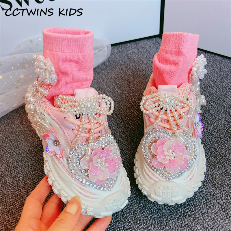 Girls Shoes 2023 Kids Fashion Running Sports Chunky Sneakers Toddler Brand Handmade Princess Shoes Children Pearls Flowers Flats