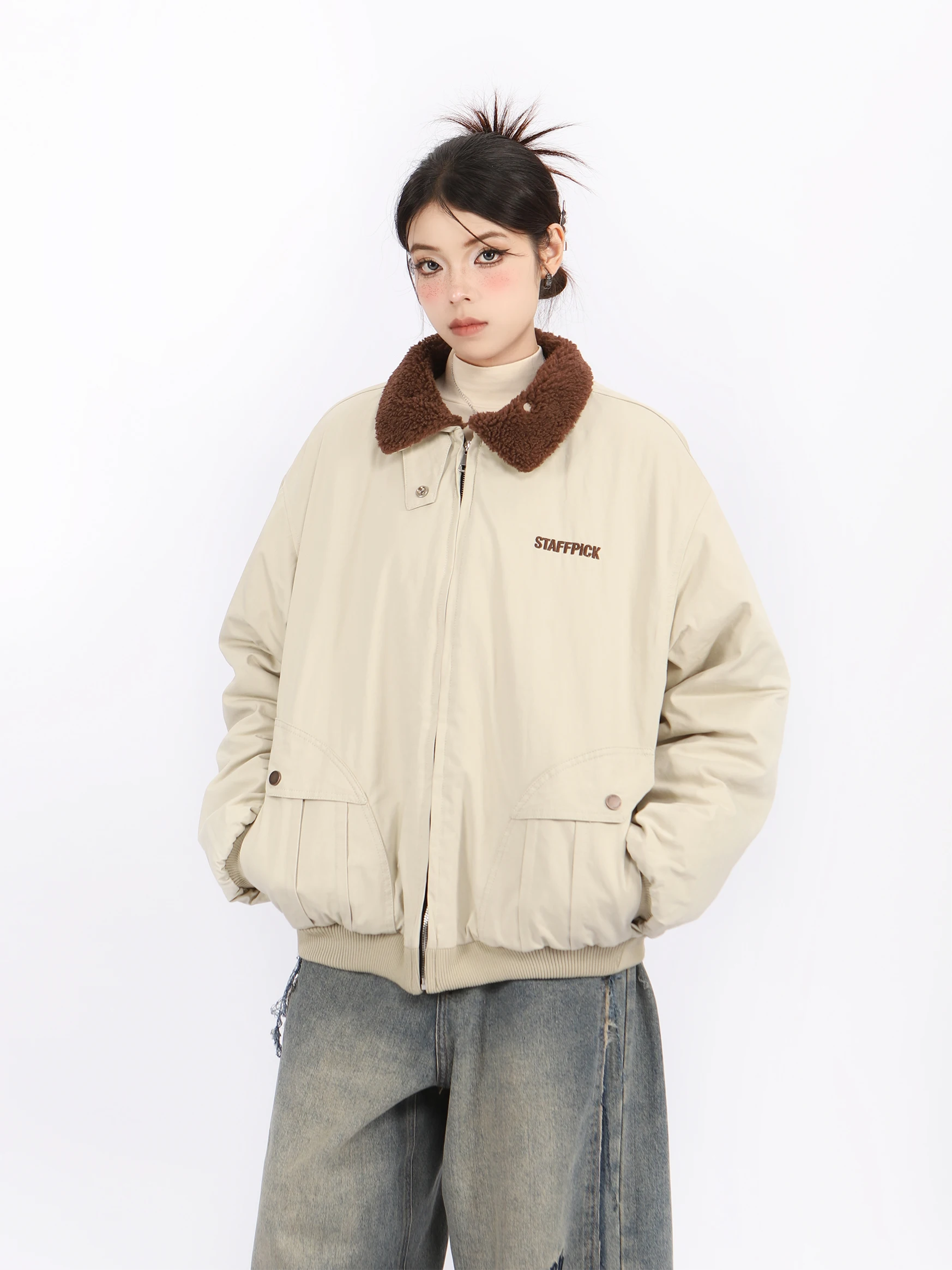 

Женское зимнее теплое пальто из хлопка с воротником из овечьей шерсти, однотонное, на молнии, свободного кроя, для уличной носки