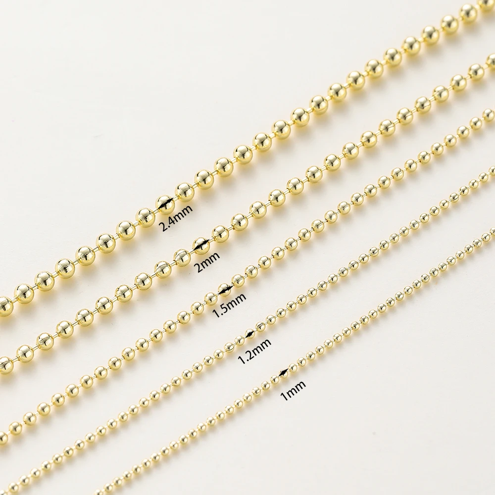 1Meter 1-2.4mm 14K Gold Color Plated Brass Round Beads Chain Ball Chain for DIY Necklace Bracelet Jewelry Making Accessories