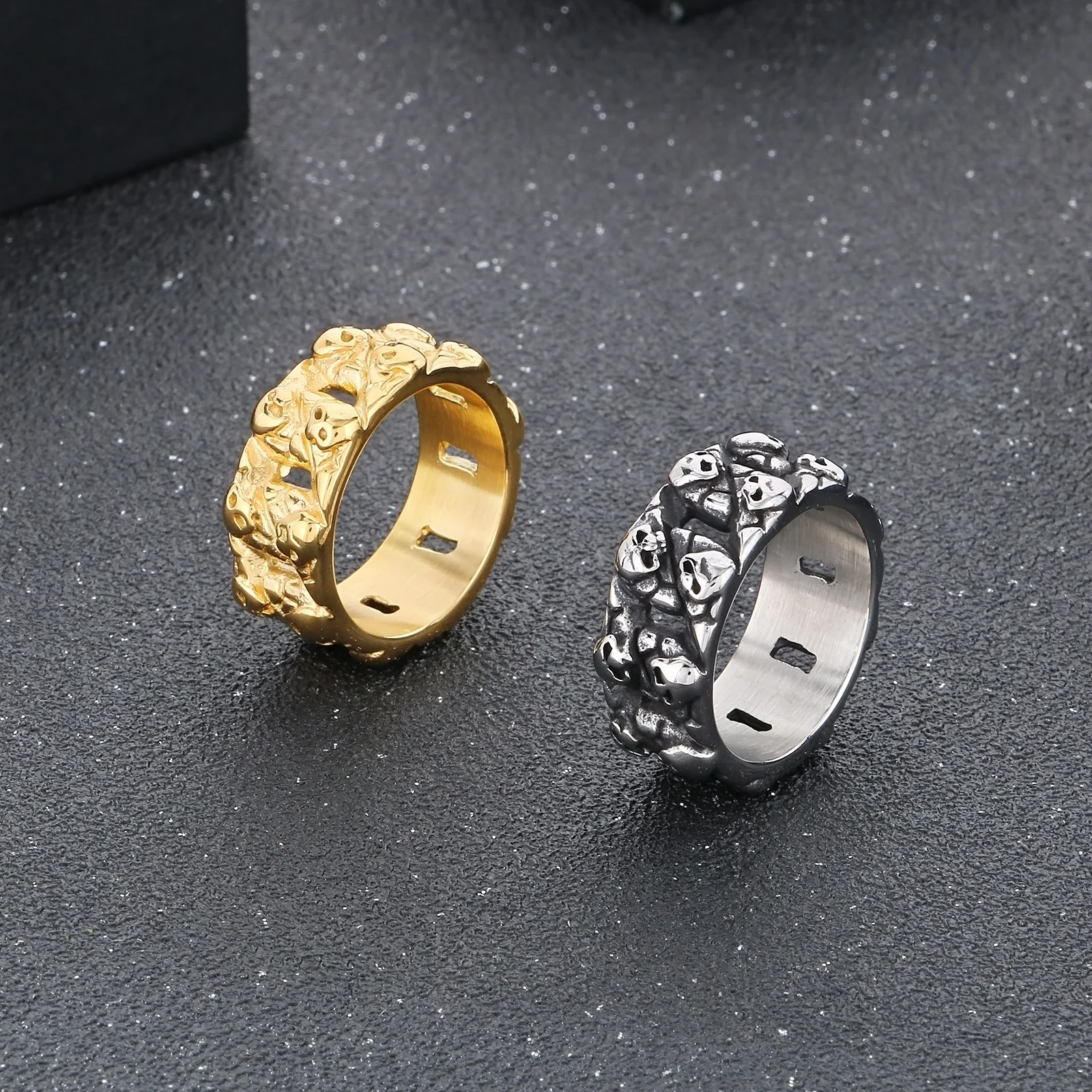 Fongten Geometric Skull Stainless Steel Men\'s Ring Metallic Hollow Design Finger accessories Punk Fashion Jewelry Banquet Gifts