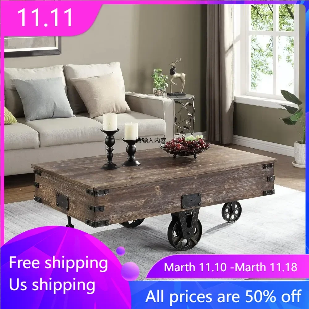 

Brown factory cart coffee table, retro central table with wheels in the living room, rectangular, wooden,