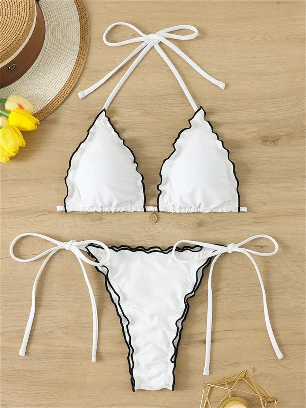 Sexy White Bikini Thong Black Border Swimsuit Swimming Suit Women Halter String Backless Beach Outfit Holiday Swimsuits Swimwear