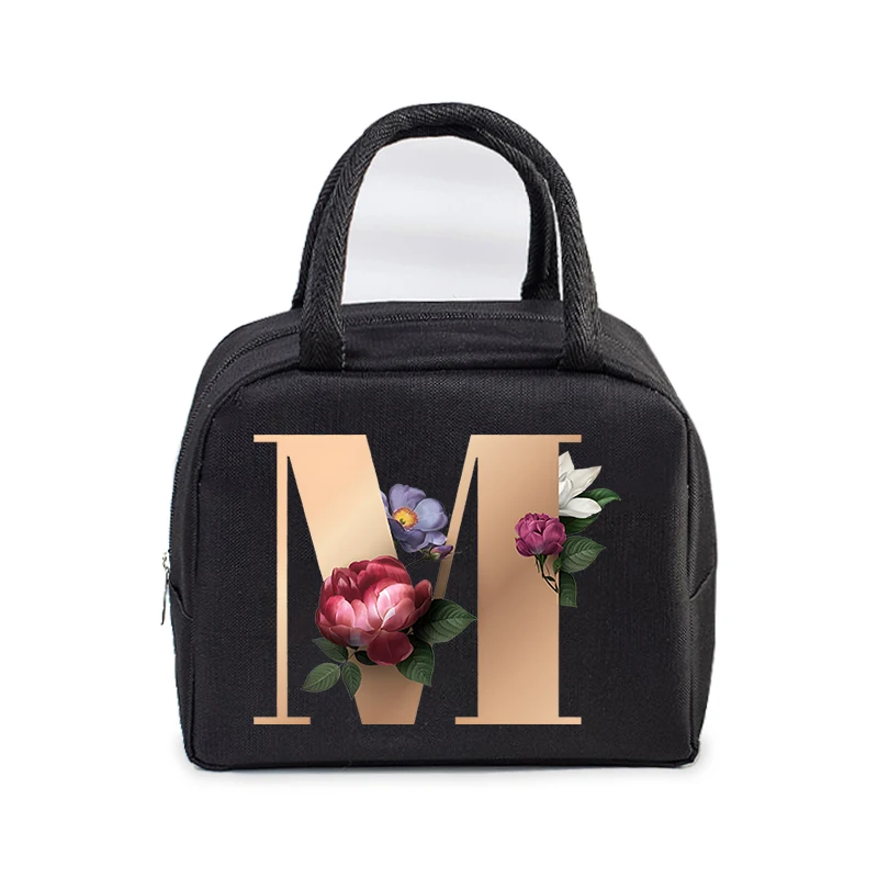 Golden Flower 26 Alphabet Print Lunch Bag Men and Women Rose Graphics Bento Thermal Handbags Thickened Insulation Lunch Box Bag