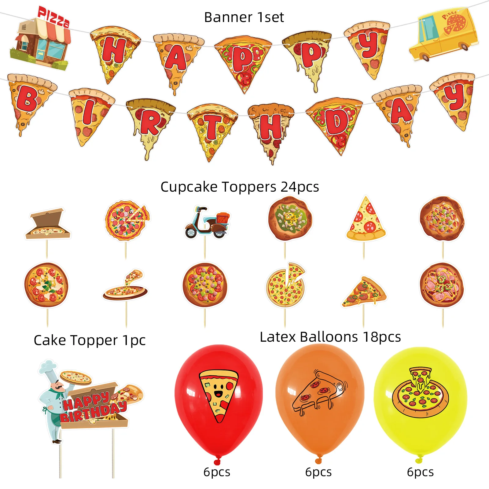 Pizza Themed Birthday Decorations Pizza Banner Garland Cake Toppers and Balloons Set for Boys Girls Birthday Party Supplies