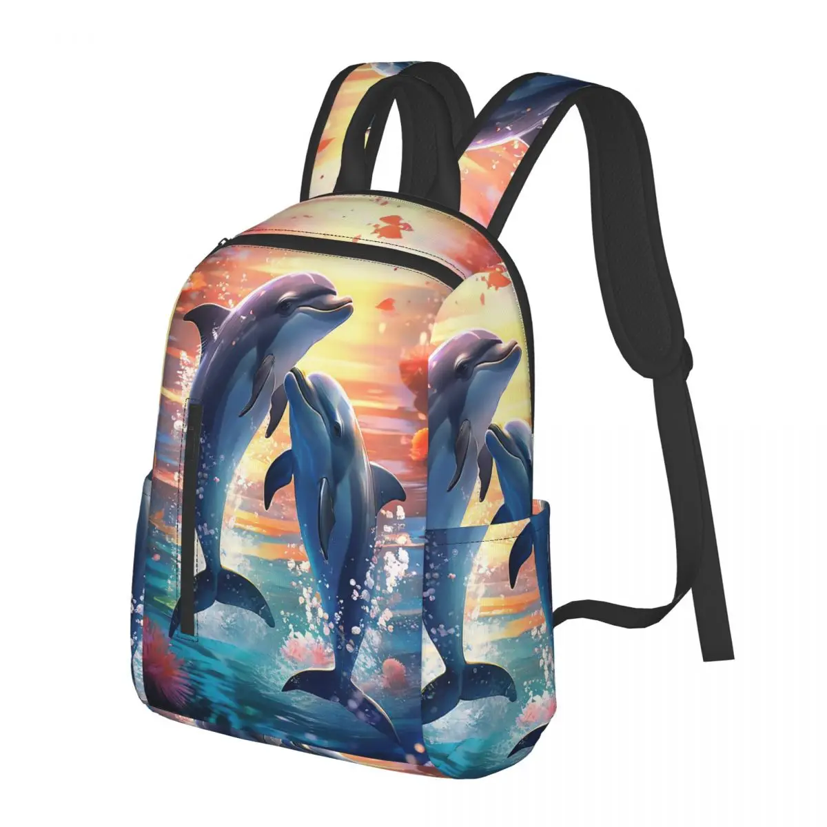 

Dolphin With Moon And Floral Sunset Student Backpack School Bag Hiking Travel Daypack for Boys Girls Bookbag Shoulder Bags