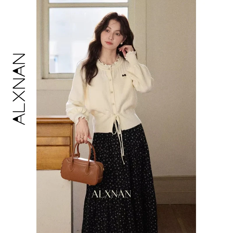 

ALXNAN Floral Print Skirt Black High-waisted A-Line Big Skirt Hem Commuting Skirt 2025 New Autumn Casual Women's Clothing L56733