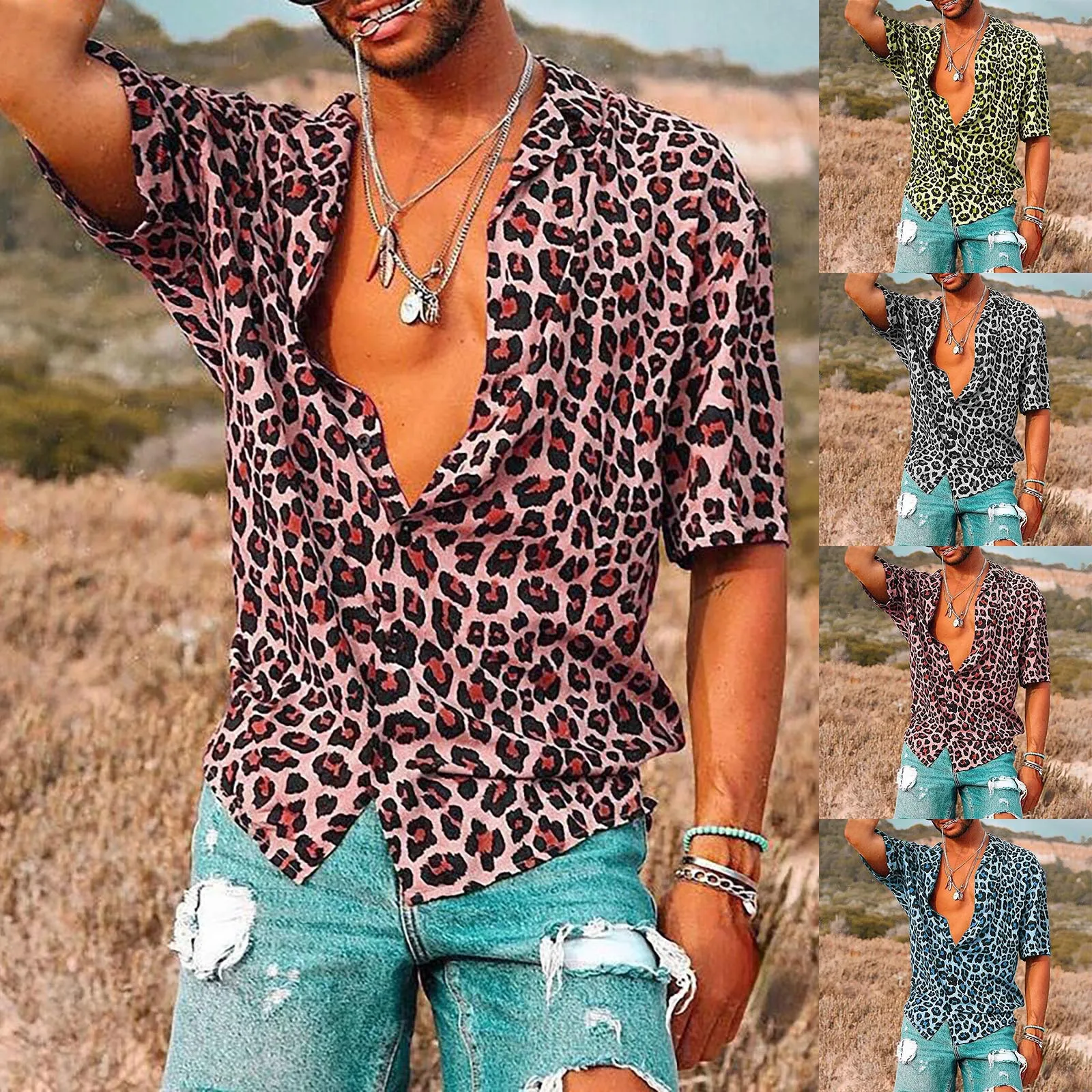 Sexy Leopard Print Mens Hawaiian Shirt 2023 Summer New Short Seleeve Quick Dry Beach Shirts Men Holiday Aloha Party Pink Blouse