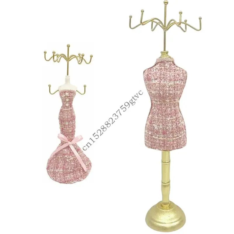 

D0UF Elegant Fabric Metal Human Shaped Jewelry Display Stand For Earrings Rings Amulets Compact Sturdy Home Store Organizers