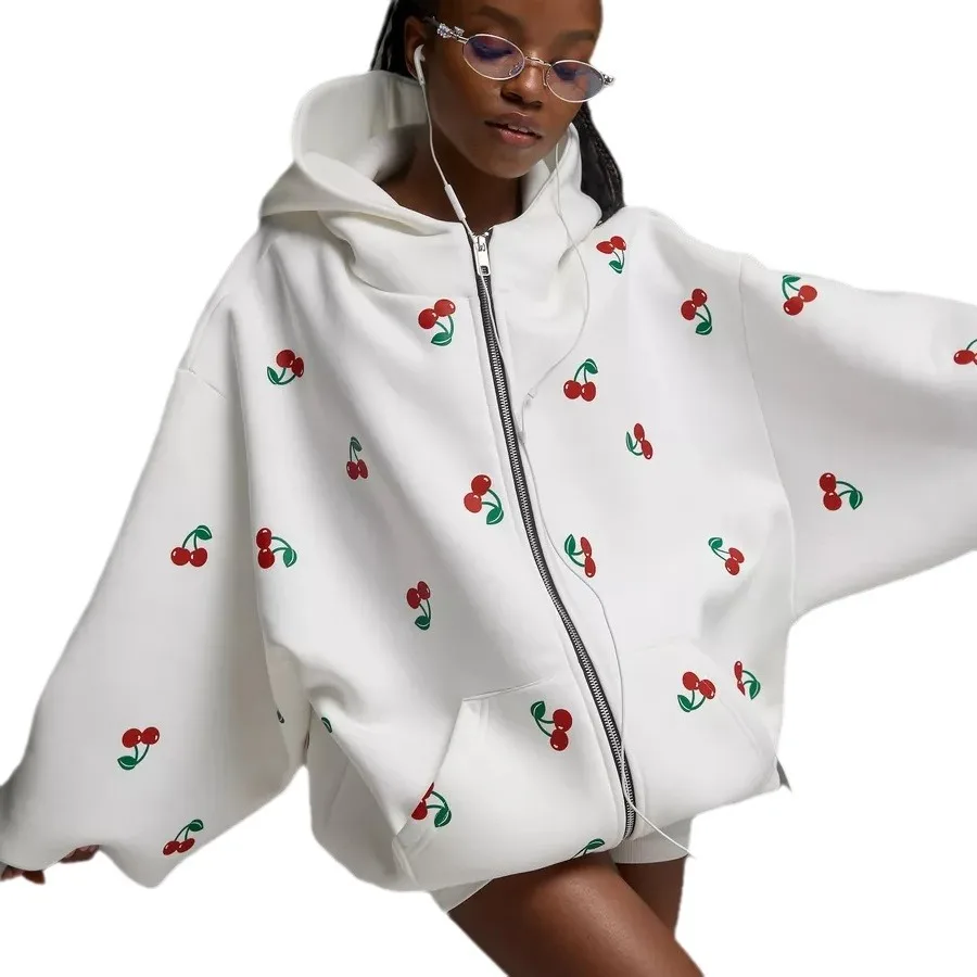 Cherry Print Sweater Jacket Autumn Women Street Style Fashion Loose All-match Sports Hoodie Women