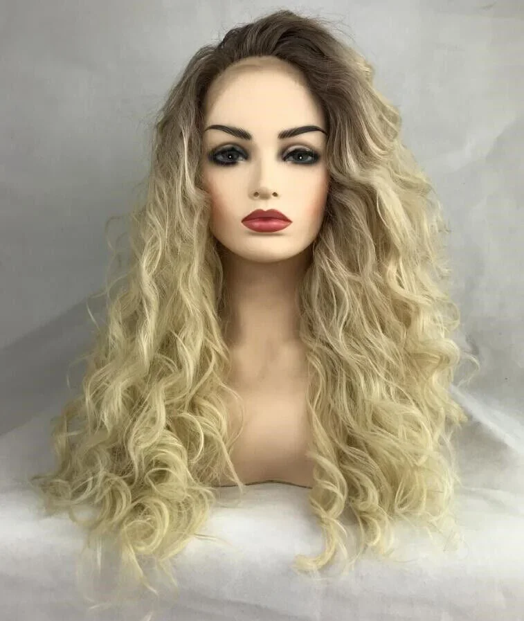 

Long Curly Human Hair Blend Lace Front Wig Synthetic Dark Roots Blonde Heat Ok Wigs