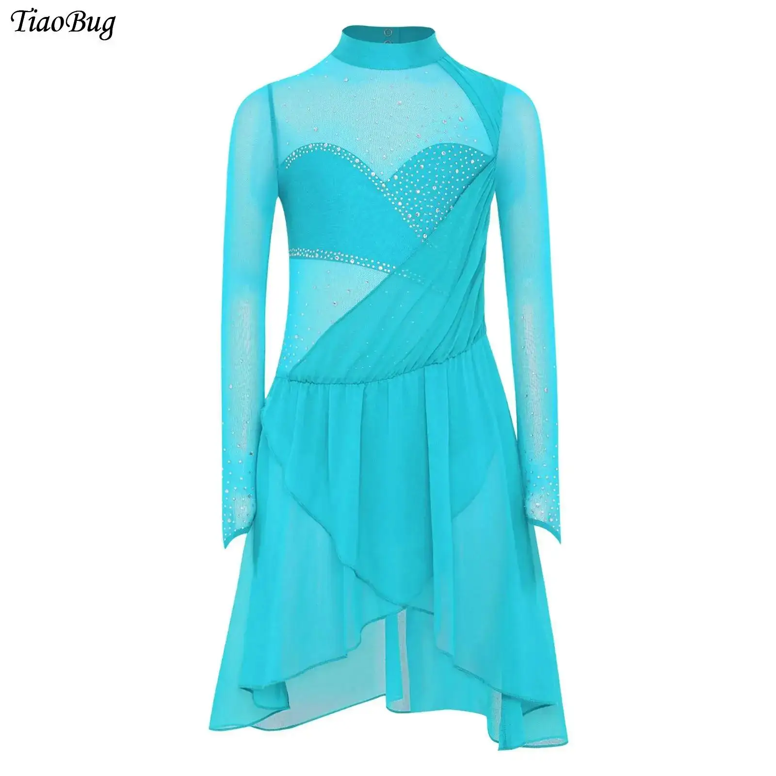 

Kids Girls Lyrical Dance Dress Shiny Rhinestones Sheer Mesh Long Sleeves Irregular Hem Leotard Dresses Figure Skating Dancewear