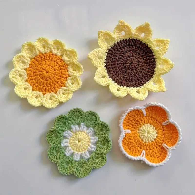 Crochet Coaster Handmade Knitted Flower Placemat Tea Cup Pad Crochet Flower Coaster Heat Insulation Mug Mat Home Decor