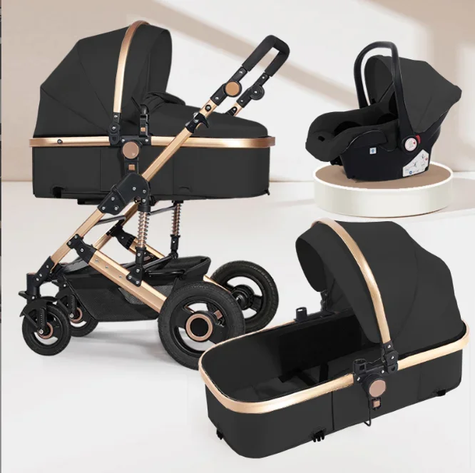 Passeggino di lusso 3 in 1 Carrello pieghevole per auto Buggy con camminatori e marsupi in lega e tessuto Carrozzine per bambini