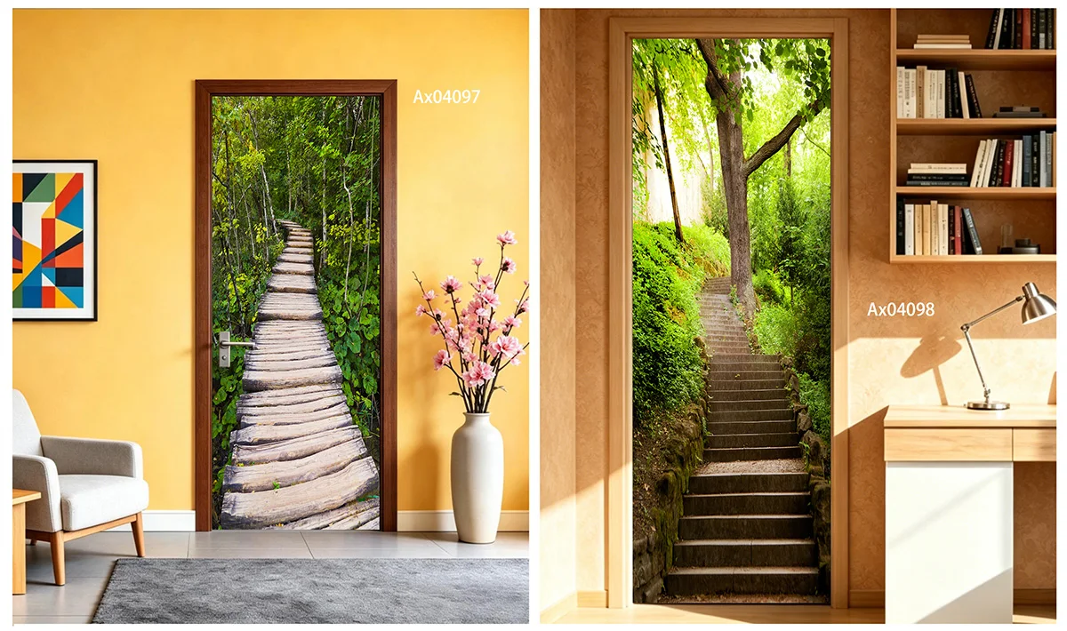 Rustic Log Plank Stair Lush Green Forest Vertical Door Sticker, Self-adhesive Waterproof Vinyl Decal for Bedroom Home Decor