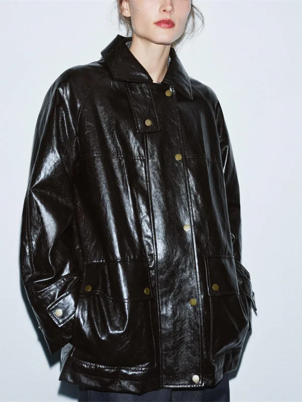 Faionable Casual Artificial Fur Collar Jaet Women's Leather Coat New Autumn Winter Zipper Straight Tube Long Sve Coat