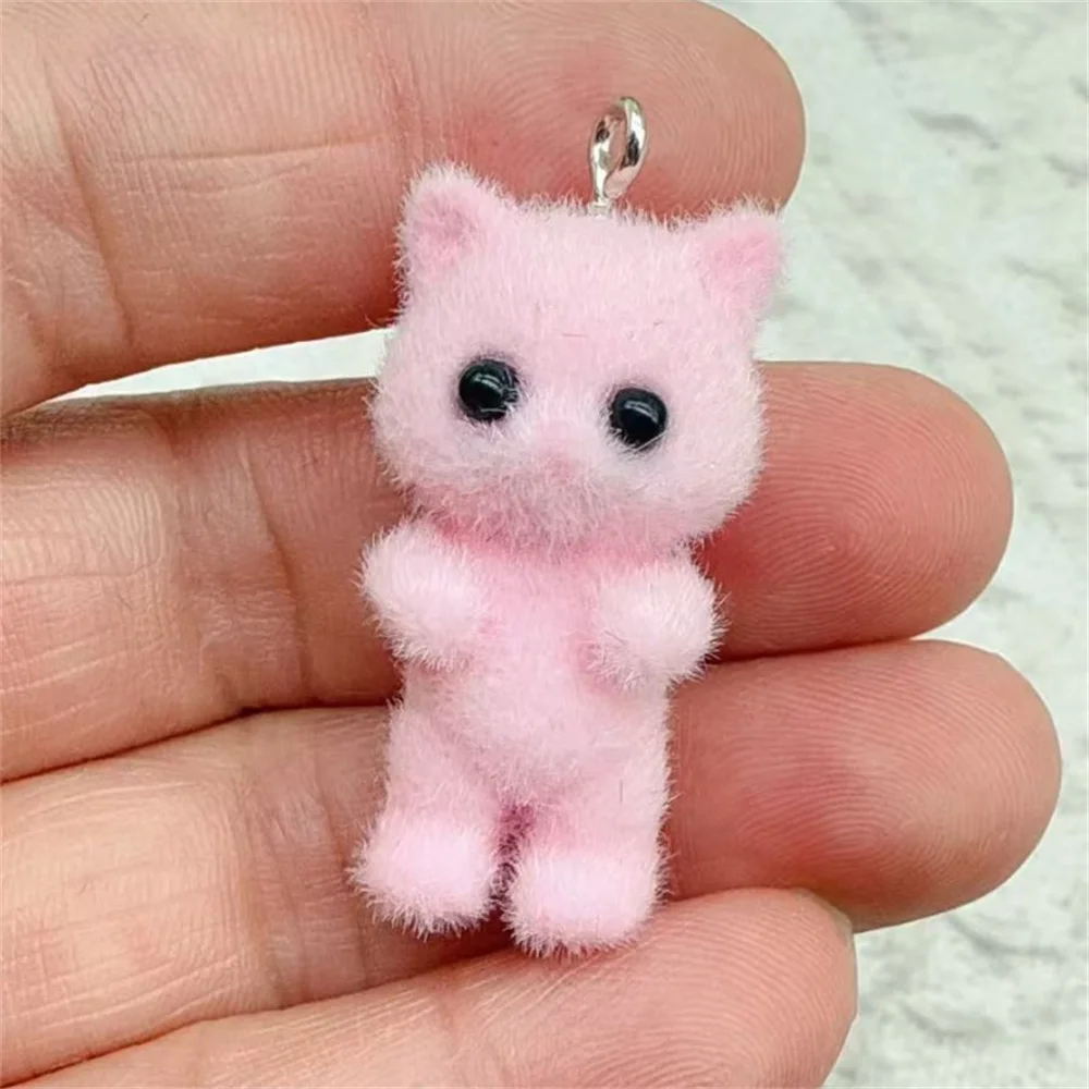 4pcs/set Kawaii 3D Fluffy Flocking Resin Cat Animal Charms Pendant Colorful Keychain Necklace Pendant DIY action figure Toys
