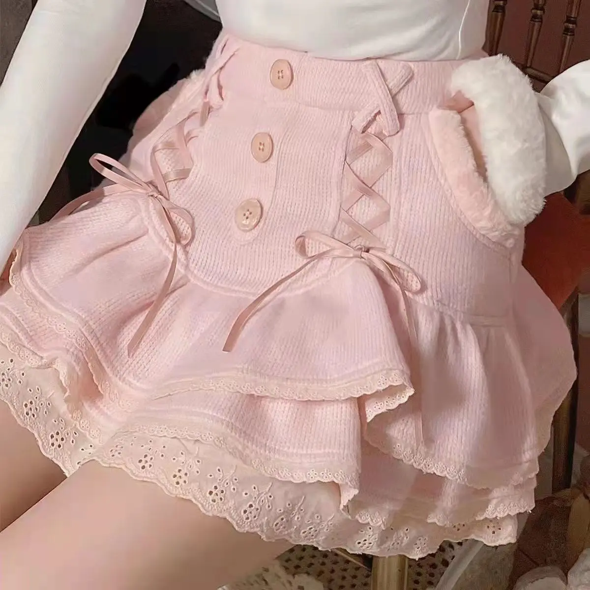 

2024 Autumn Lace Up Knitted Cake Skirt Japanese Lolita Style Sweet Girl Pink Skirt Fashion Flounce Slim Waist Women Y2k Skirt