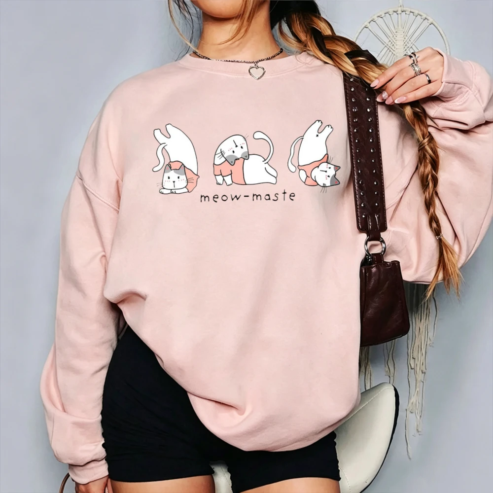 Meow Magic Three Cute Stretching Cats Graphic Crewneck Sweatshirt Cartoon Kitten Art Print Pullover Cat Lover Kawaii Casual Tops