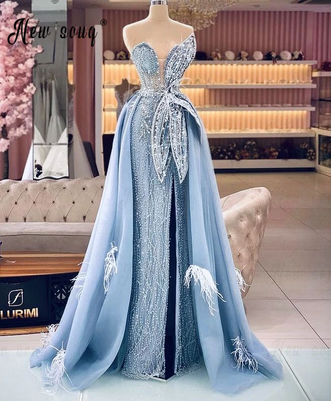 Elegant Leaf Design Blue Evening Dress With Detachable Train 2023 Side Slit Full Beaded Wedding Party Gowns Dubai Vestido De Noi