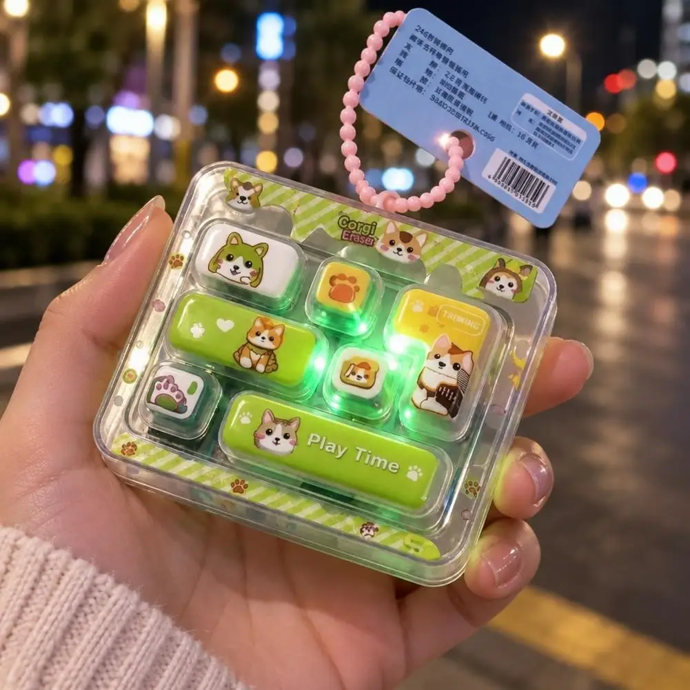 7-Key Mechanical Keyboard Fidget Toy LED Light Up Switch Pressing Cute Dog Bag Charm Beaded Strap Keychain For Stress Relief