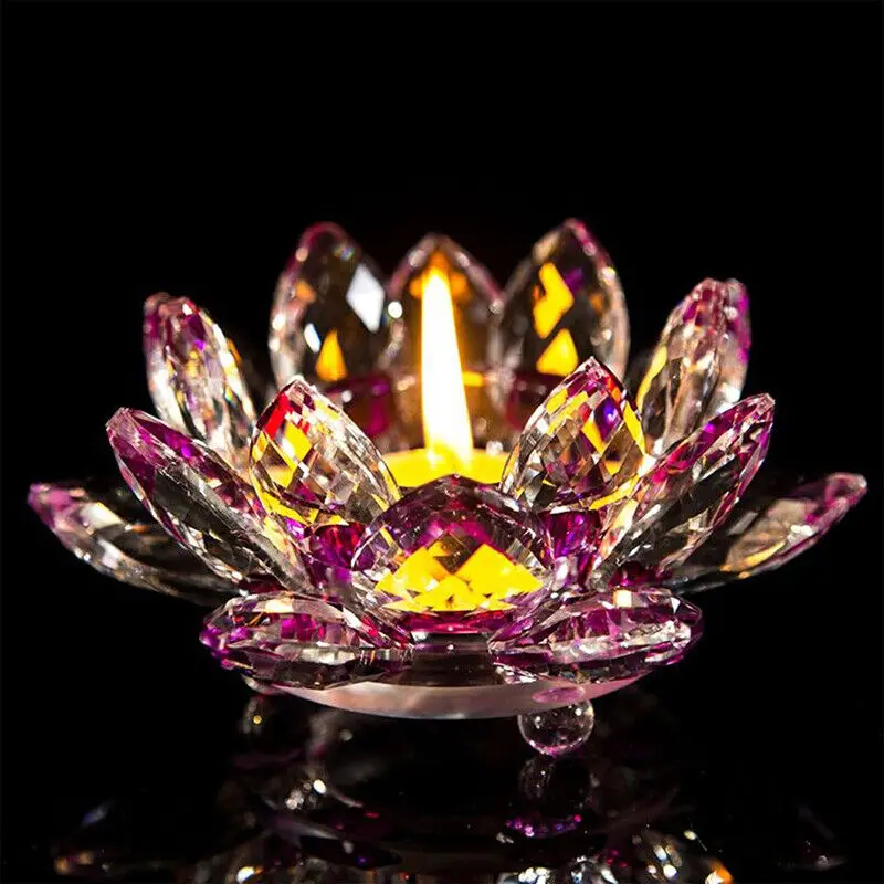 1pc Crystal Glass Lotus Flower Candle Holder Candlestick Decoration Craft Tea Light Flower Hue Reflection Feng Shui Home Decor