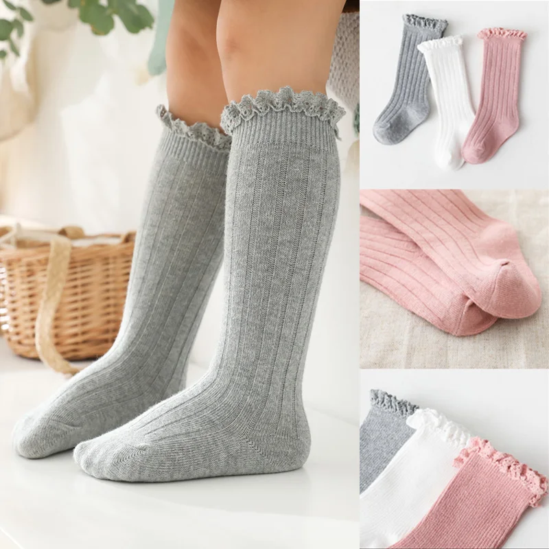 

Baby Girls Socks Kids Toddlers Ruffle Knee High Long Soft Cotton Sock Lace Flower Children Infant Girl Socks For 0-5 Years