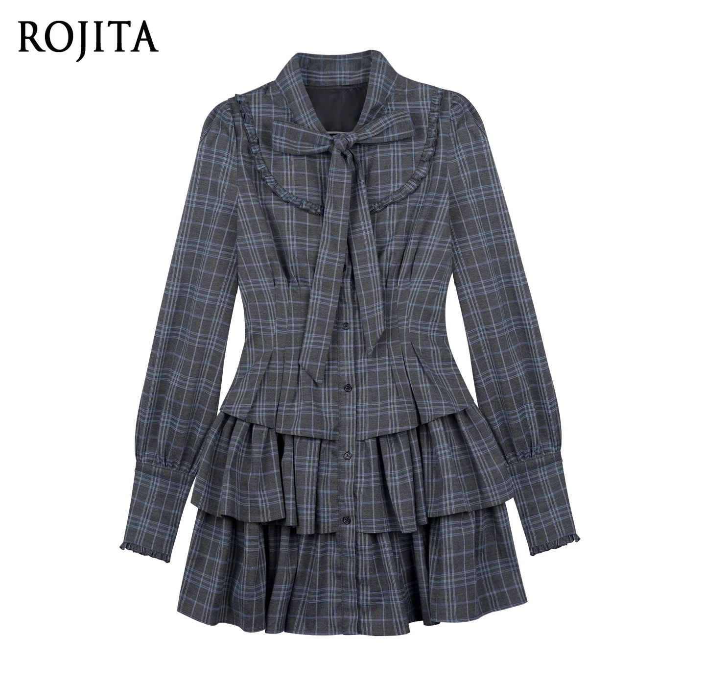 

Gray Blue Checkered Cake Dress Women Vintage Puff Long Sleeve Waist Cinching Big Bow Lolita Dress 2026 Spring New