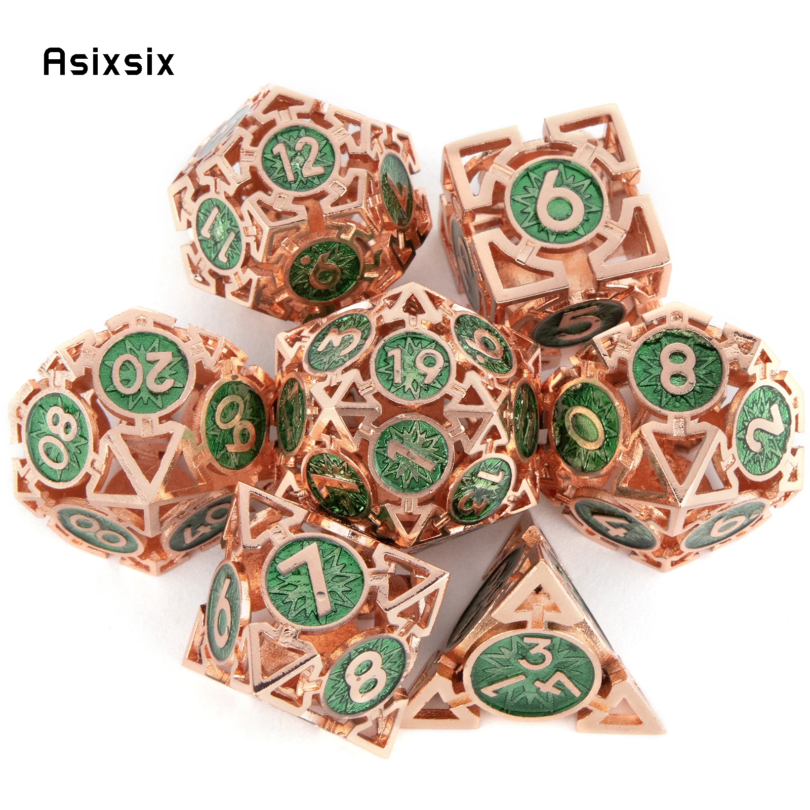 

7 Pcs Green Red Metal Dice Circular Hollow Metal Polyhedral Dice Set Suitable for Role-Playing RPG Board Game Card Game