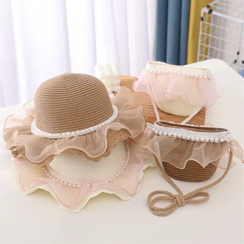 Fashion Baby Petal Brim Straw Woven Hat Sun Protection Lace Cap Kids Girls Princess Collapsible Beach Cute Infant Bucket Hats