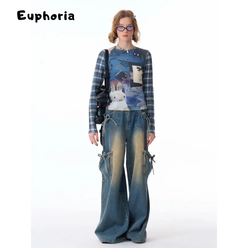 تي شيرت Euphoria Y2K غير رسمي منقوش بأكمام طويلة ورقبة مستديرة تي شيرت نسائي صيفي موضة 2000S تي شيرت علوي