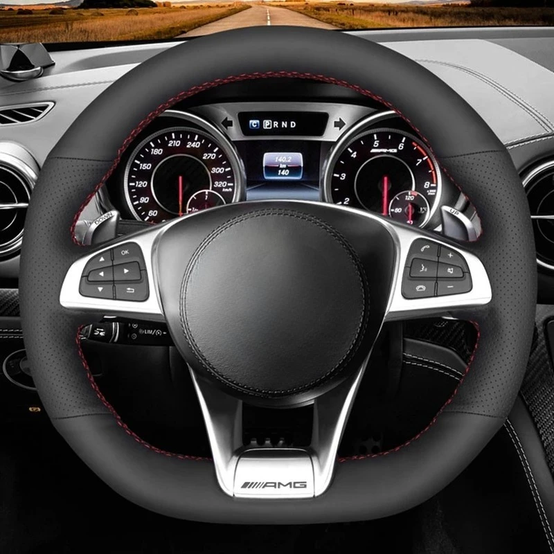 Hand-Stitched Black Artificial Leather Car Steering Wheel Cover For Mercedes-Benz A 45 AMG 2016-2018 C 43 63 AMG CLA 45 2015