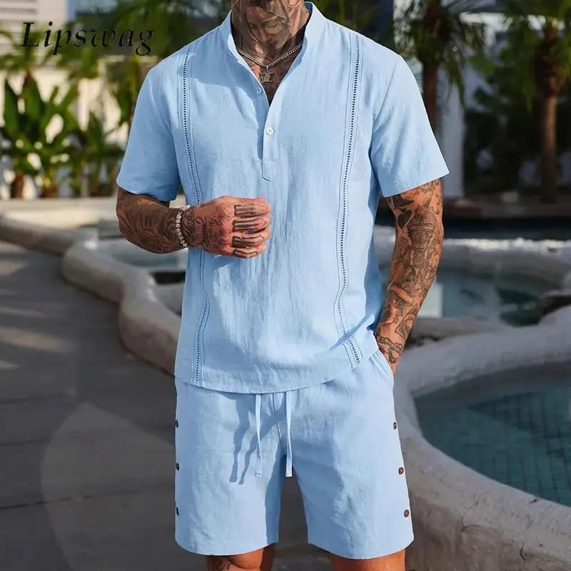 Vintage Short Sleeve Two Piece Mens Linen Suits Spring Summer Daily Leisure Solid Color Polo Shirt And Shorts Sets Mens Outfits